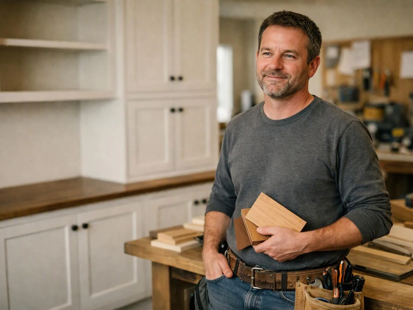 A smiling man stands in a workshop holding wood samples near a workbench and cabinets