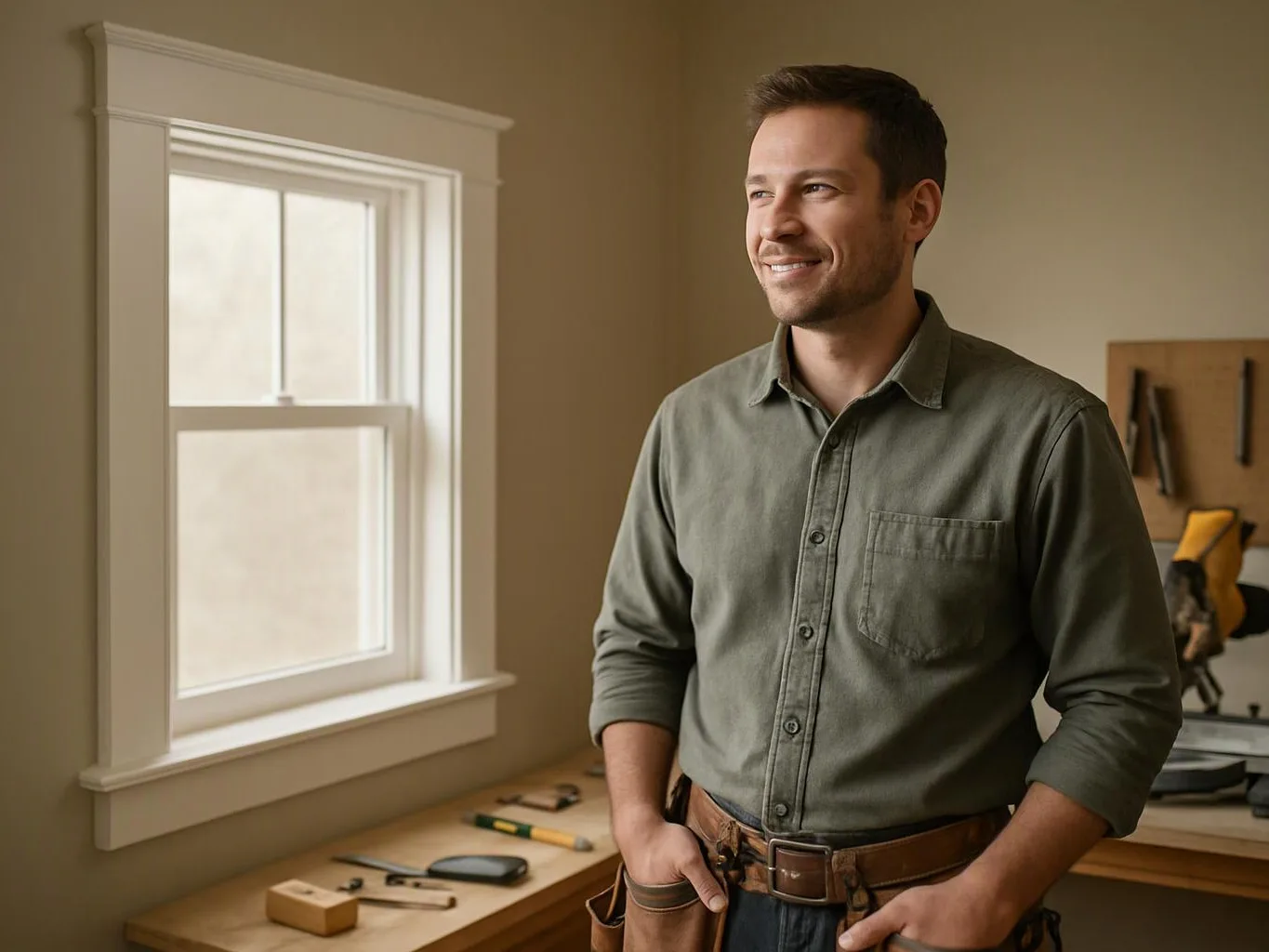 A smiling man in a work shirt stands beside a window in a small workshop with hand tools on a bench