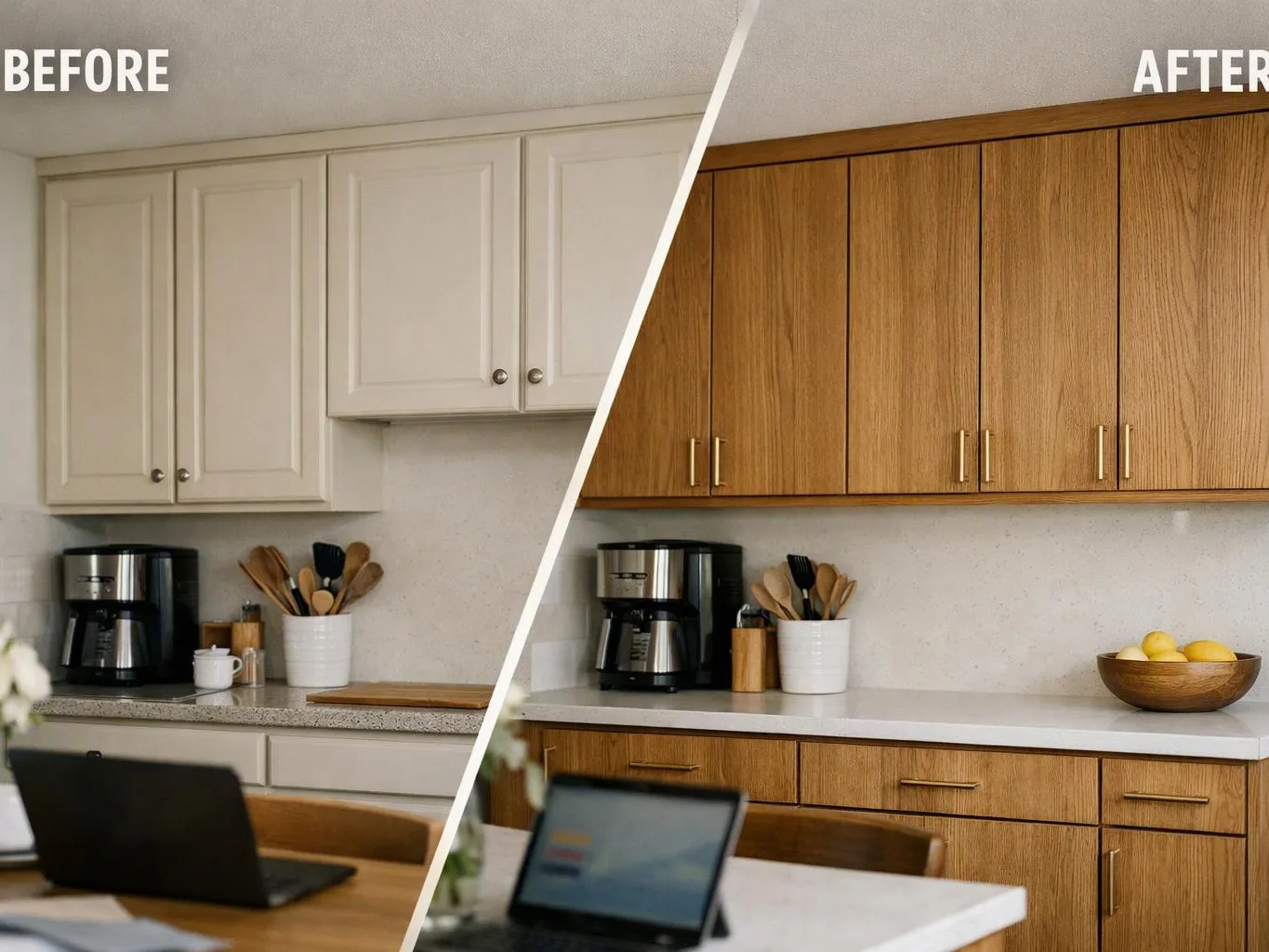 Split before-and-after kitchen cabinets show white doors on the left and wood grain on the right