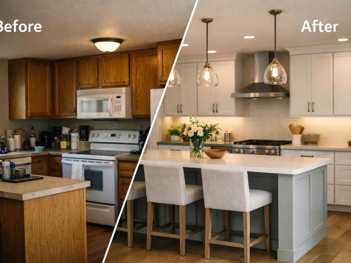 Split before-and-after kitchen remodel with dark wood cabinets replaced by a bright island and pendant lights