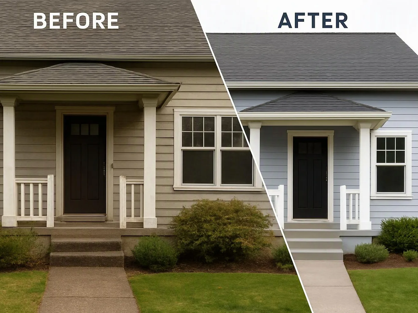 Split before and after view of a house exterior with a porch, showing a darker older look beside a brighter repainted facade