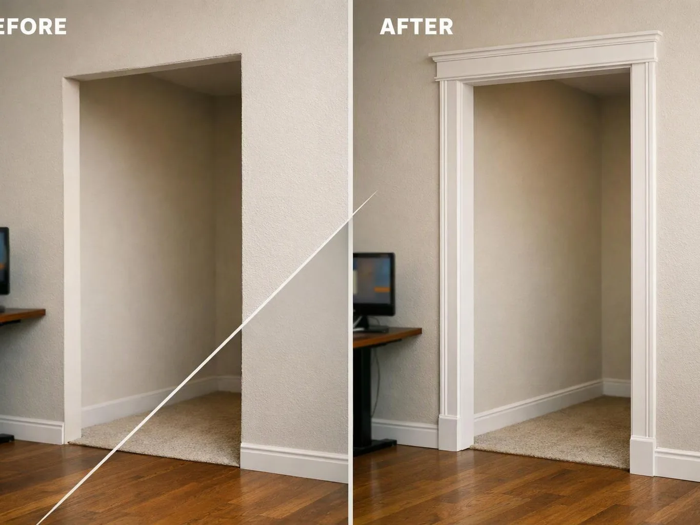 Split before-and-after view shows a plain doorway changed to a white trim doorway in a room with wood floors