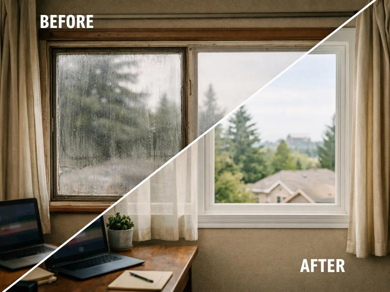 Split before-and-after view of a window changing from dirty wood-framed glass to a bright white-framed clear view