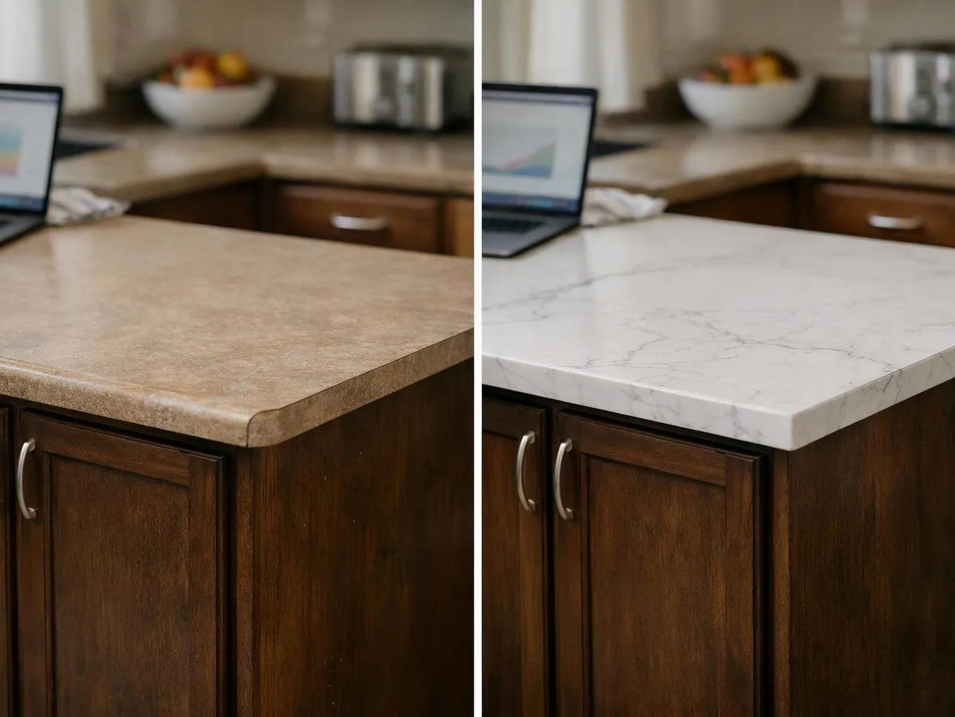 A split kitchen view shows a brown laminate counter on the left and a white marble-look counter on the right
