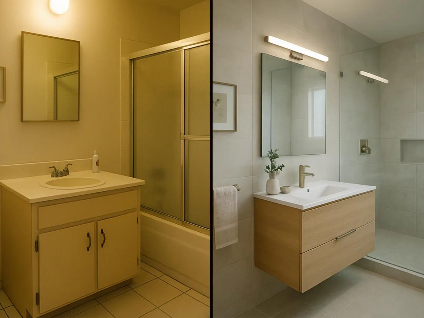 A split-screen bathroom shows an older vanity and shower on the left and a brighter modern bathroom on the right