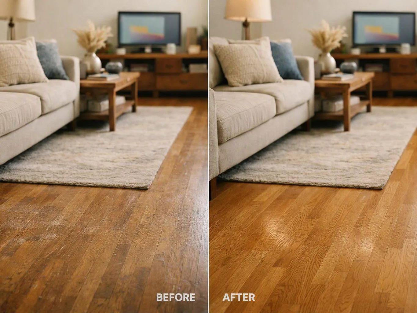 Split-screen living room floor, worn wood on the left and polished wood on the right