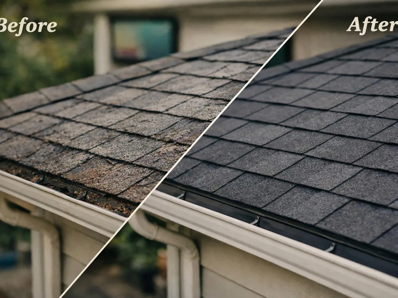 Split view of a roof before and after cleaning, with worn shingles on the left and dark fresh shingles on the right