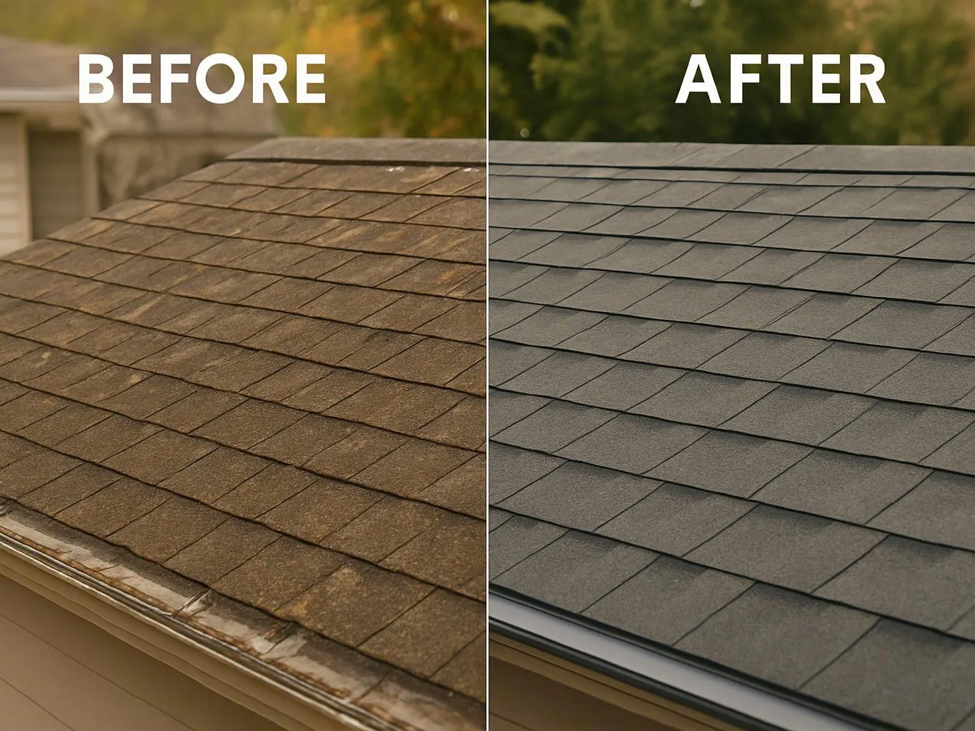 Split view of a shingled roof, weathered brown on the left and clean gray on the right