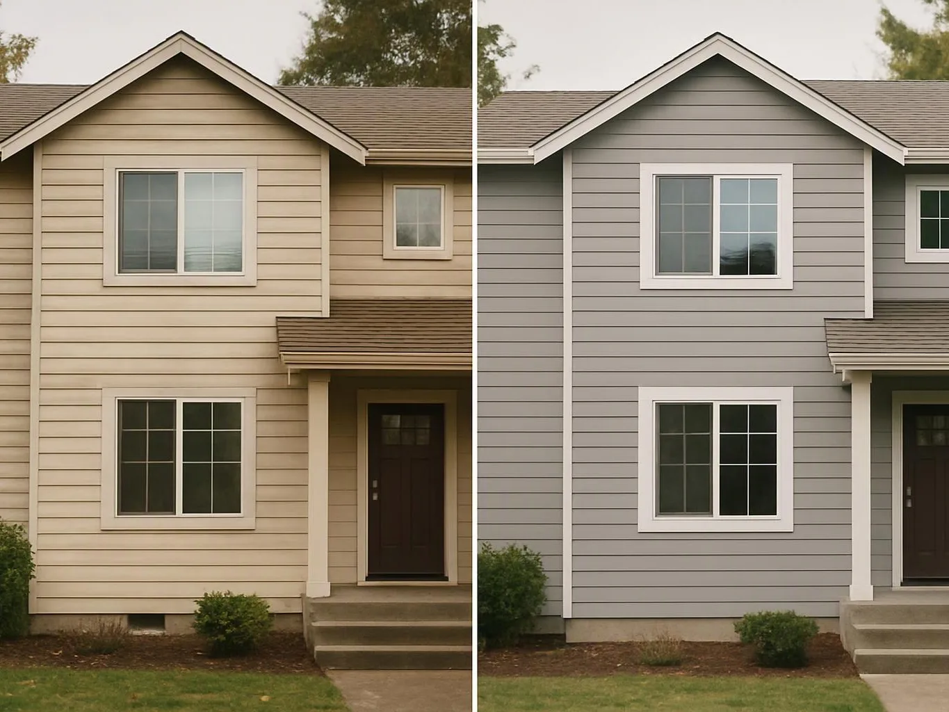 Split view shows a beige house on the left and a gray house on the right