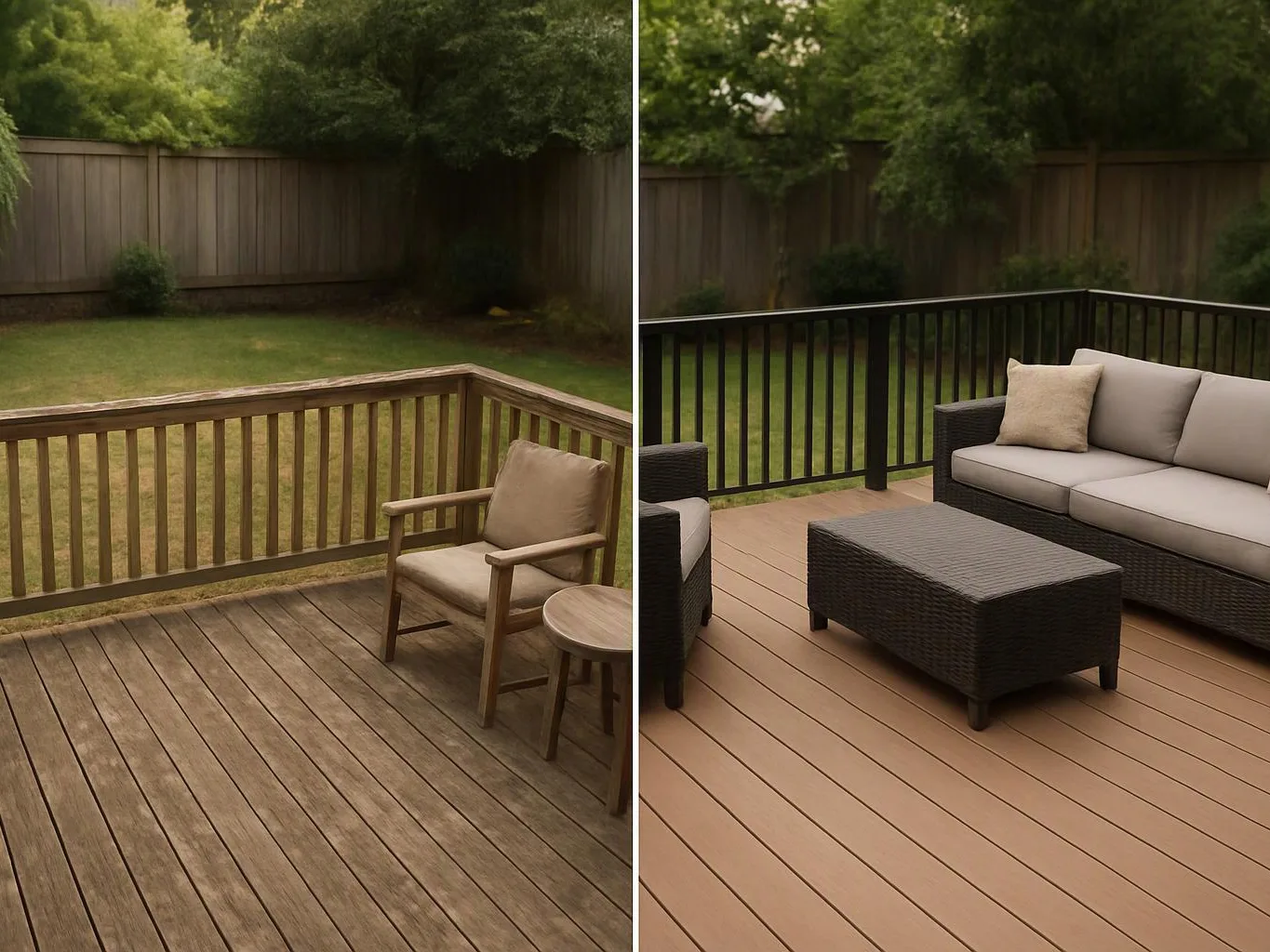 A split view shows a plain wooden deck on the left and a furnished deck with black railings and cushioned seating on the right