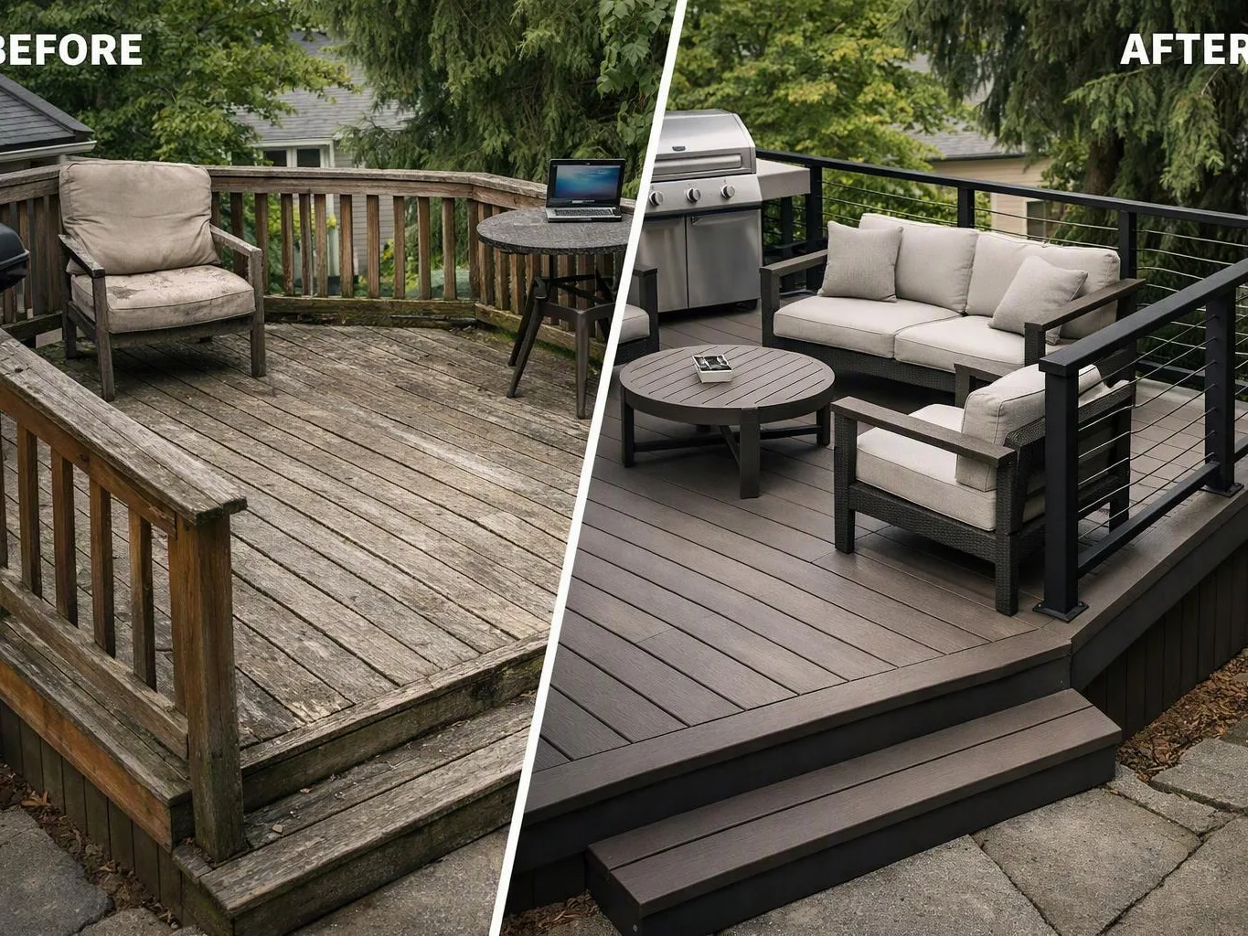Split view shows a weathered wooden deck before and a modern gray deck with outdoor seating after