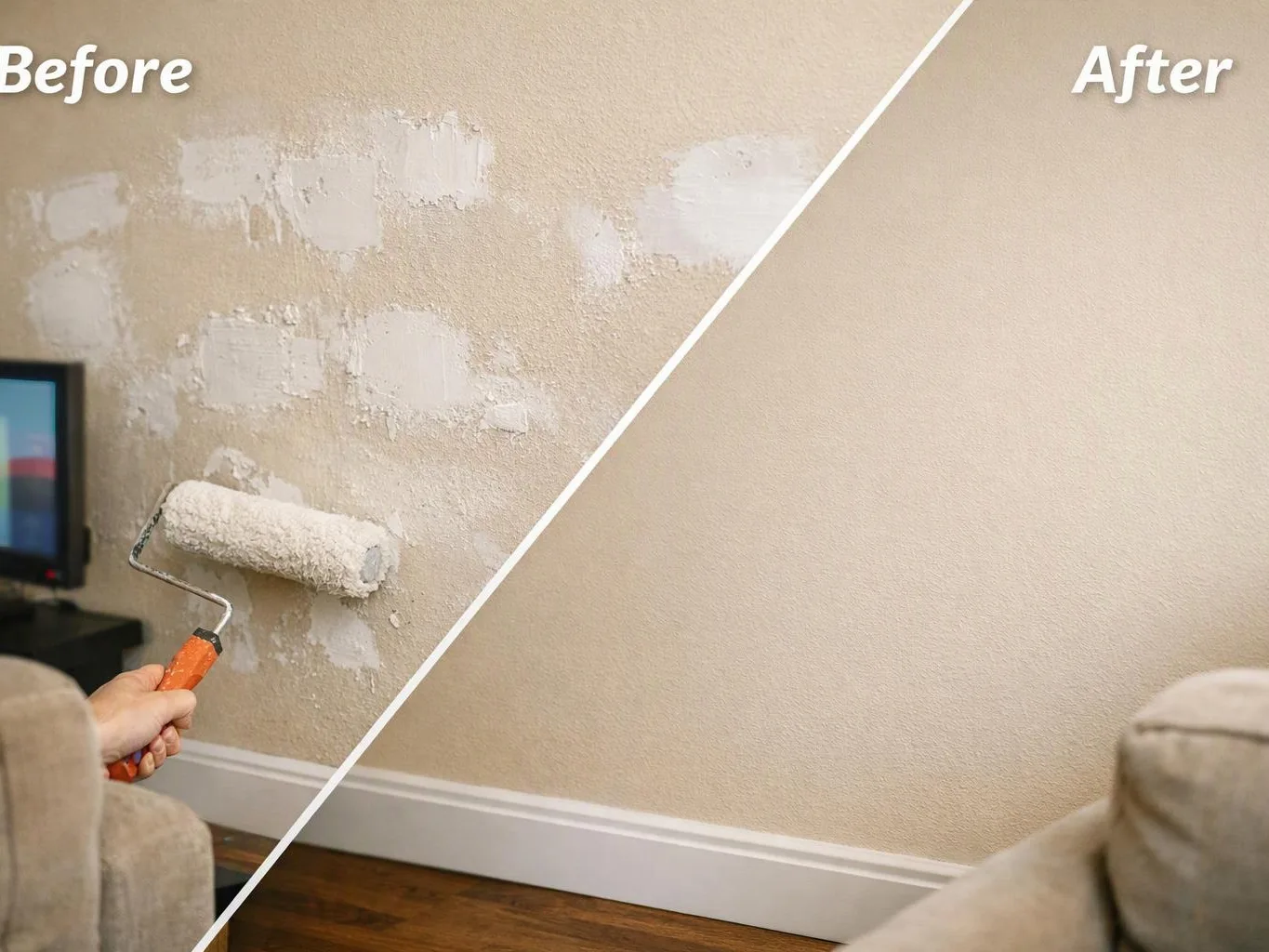 Split view of a wall being painted, with a roller covering patches on the left and a finished beige wall on the right