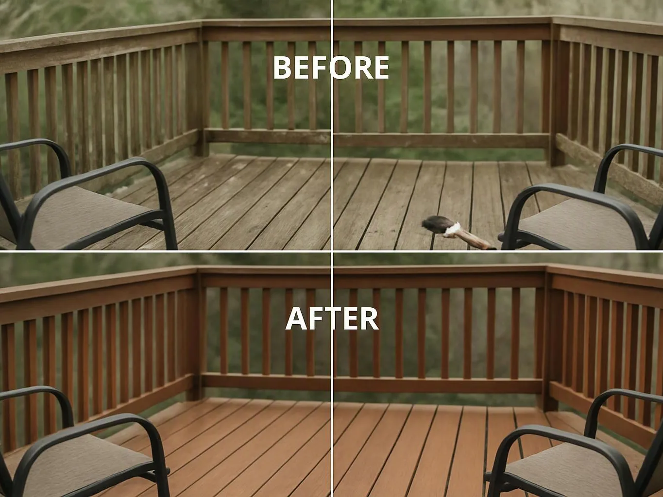 Split view of a wooden deck before and after cleaning, with chairs and a brush on the floor