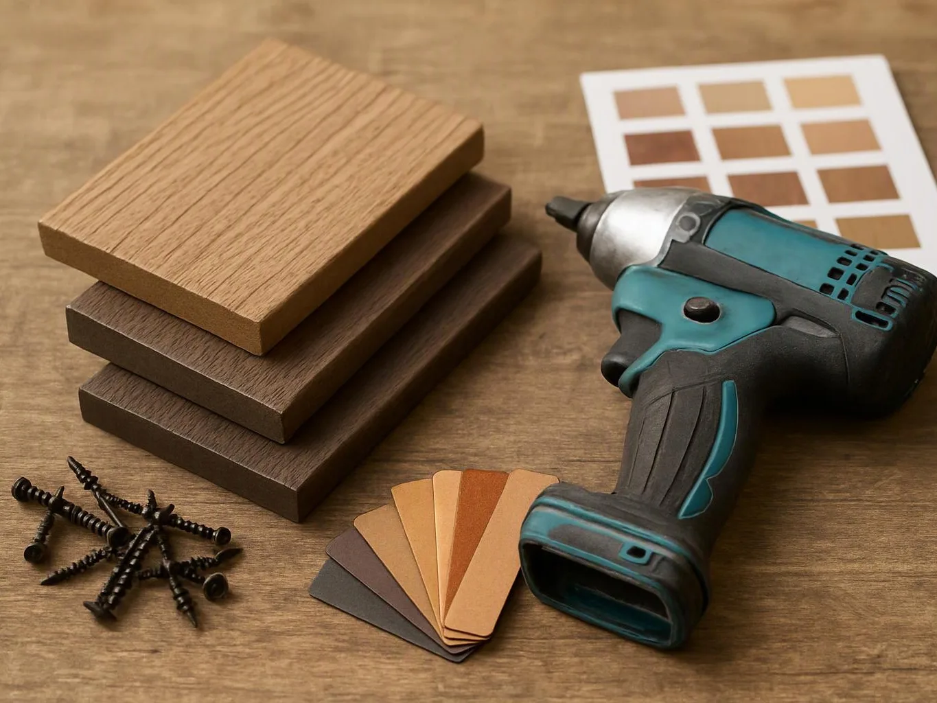 Stacked wood samples, black screws, color swatches, and a cordless drill sit on a wooden table