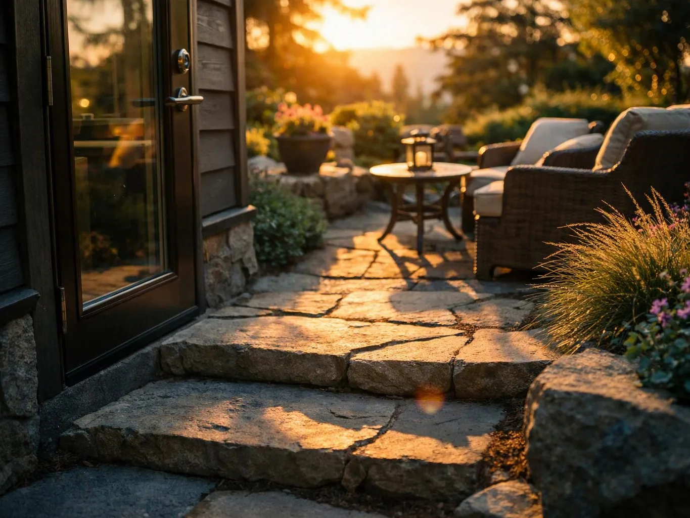A stone patio with steps leads to wicker chairs and a small table in warm sunset light