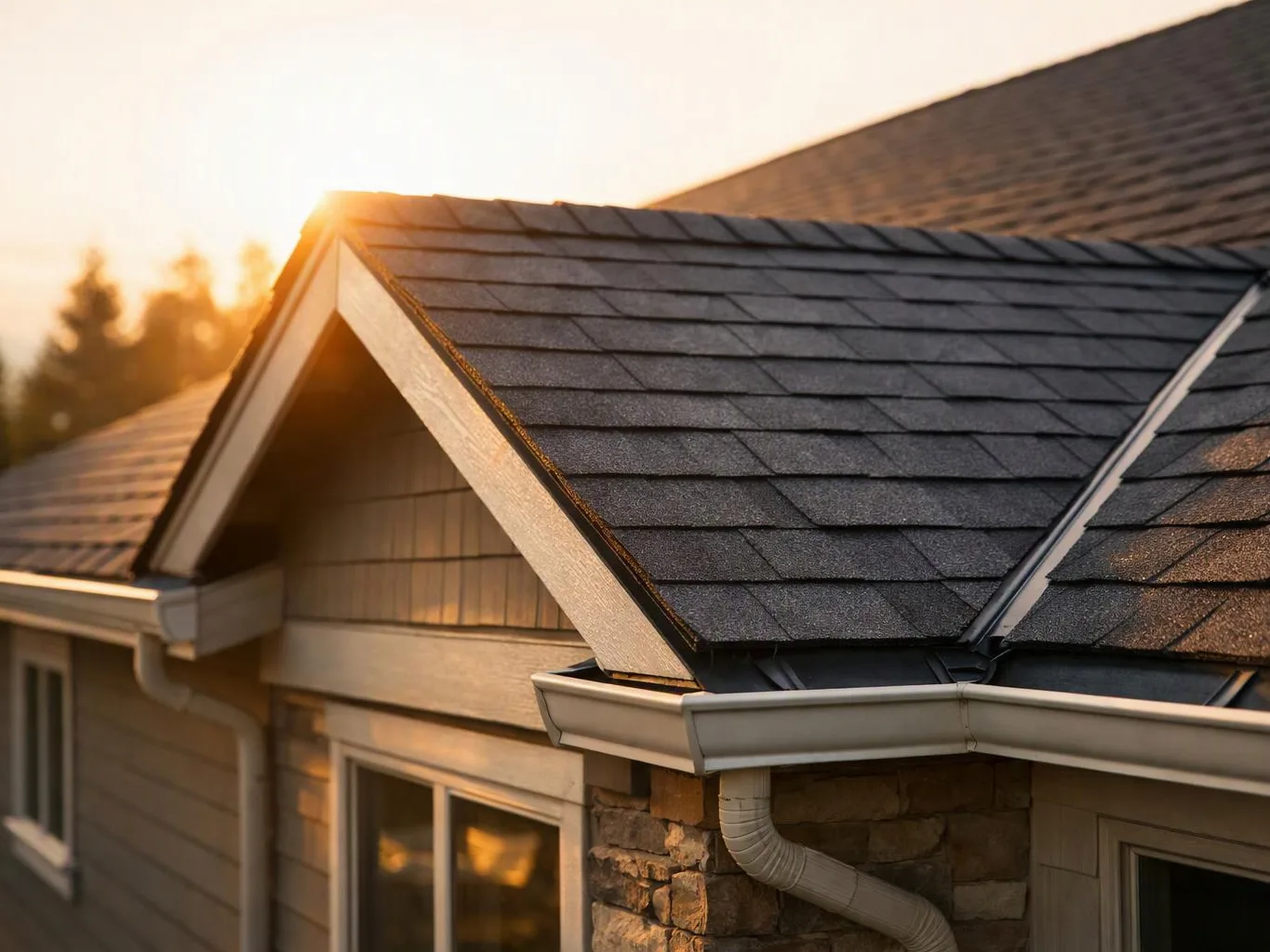 Sunlight hits a house roof with dark shingles, gutters, stone siding, and a window at sunset