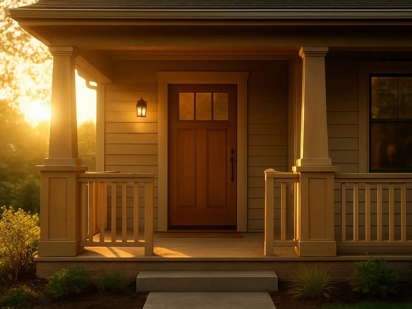A sunlit front porch shows a wooden door, railings, columns, and a glowing wall lantern at sunset