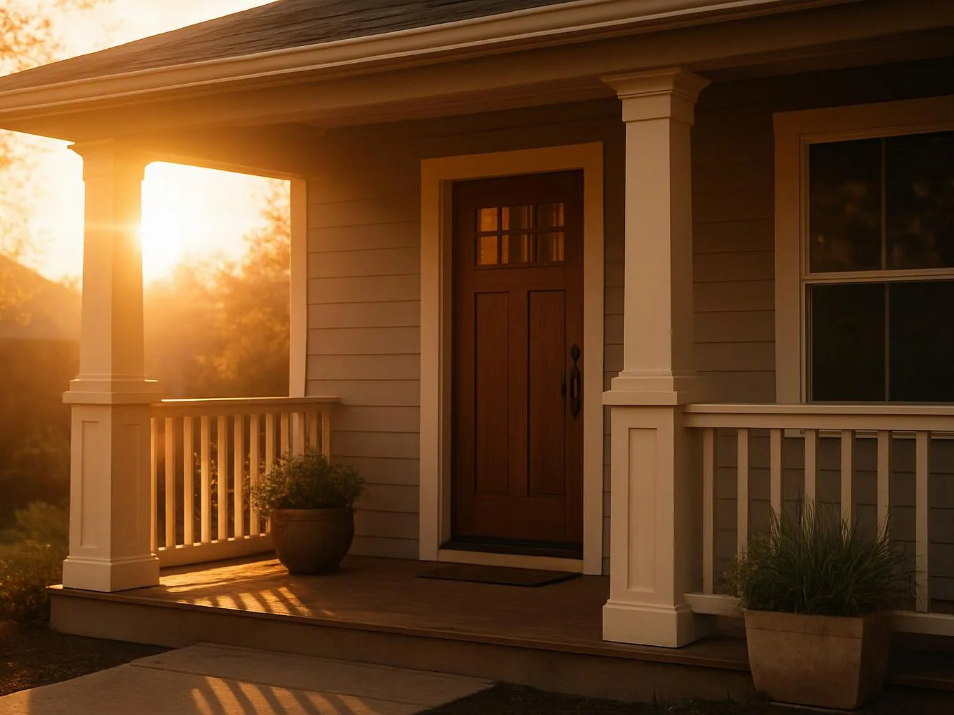 Sunlit front porch with a wooden door, white columns, potted plants, and warm evening shadows