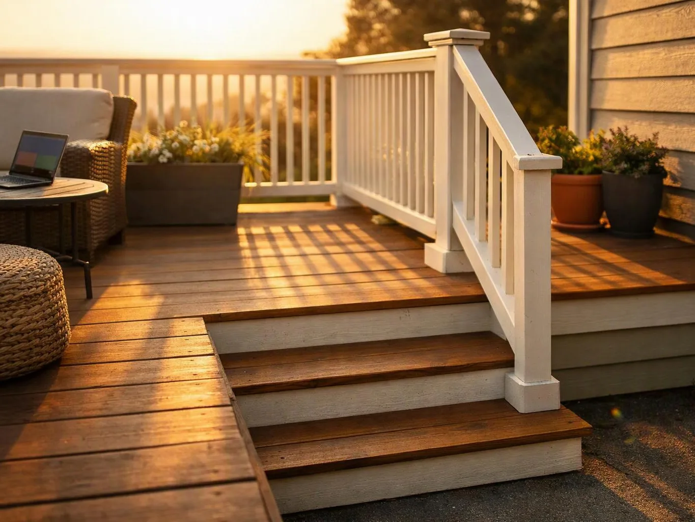 Sunlit wooden deck stairs lead to a patio with wicker chairs, potted plants, and a laptop on a small table