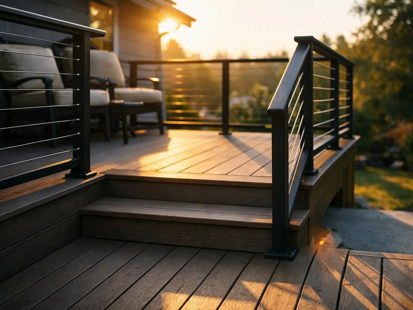 A sunlit wooden deck with steps, black railings, and cushioned outdoor chairs at sunset