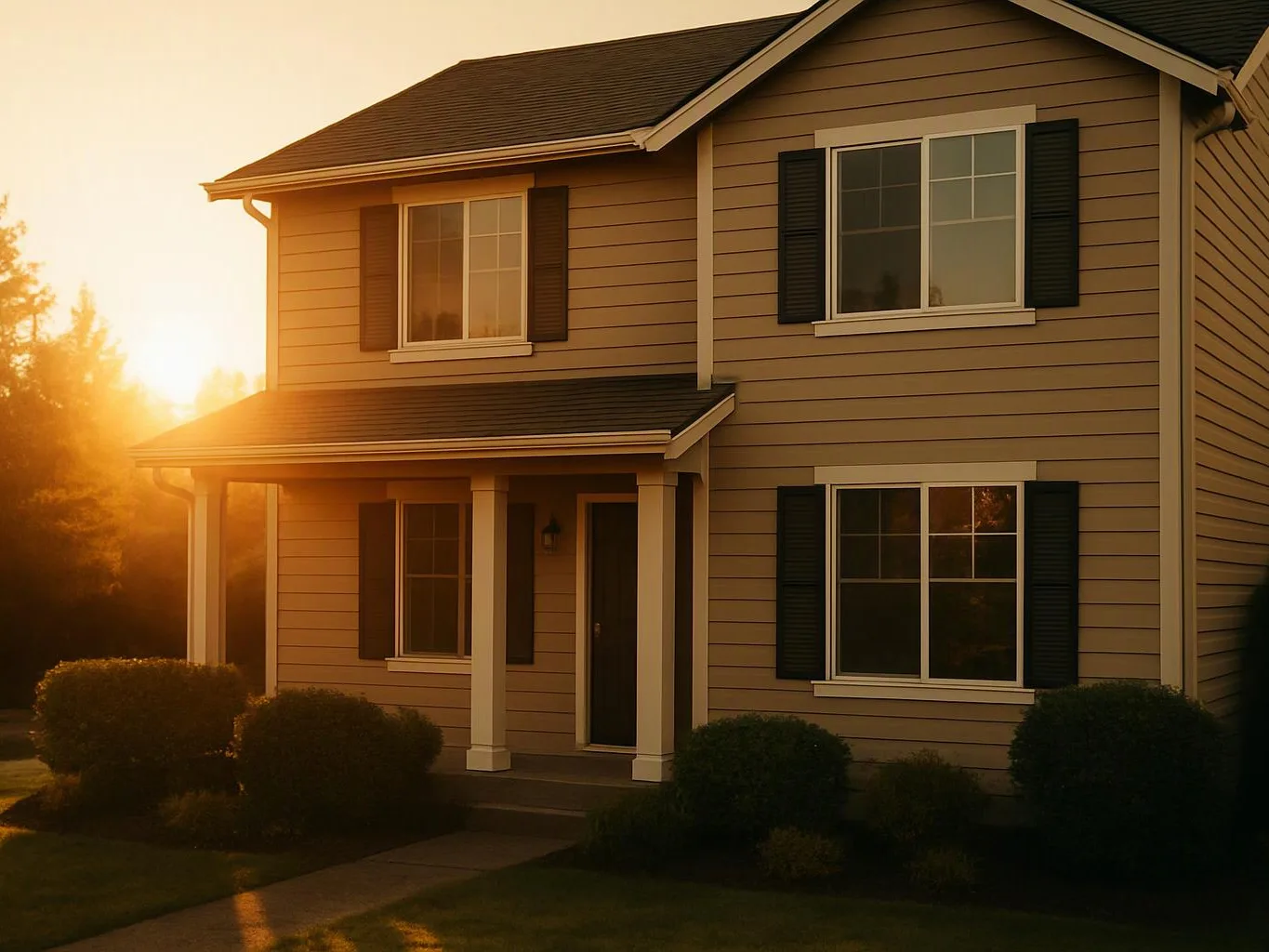 A tan two-story house stands in warm sunset light with bushes and a front porch visible