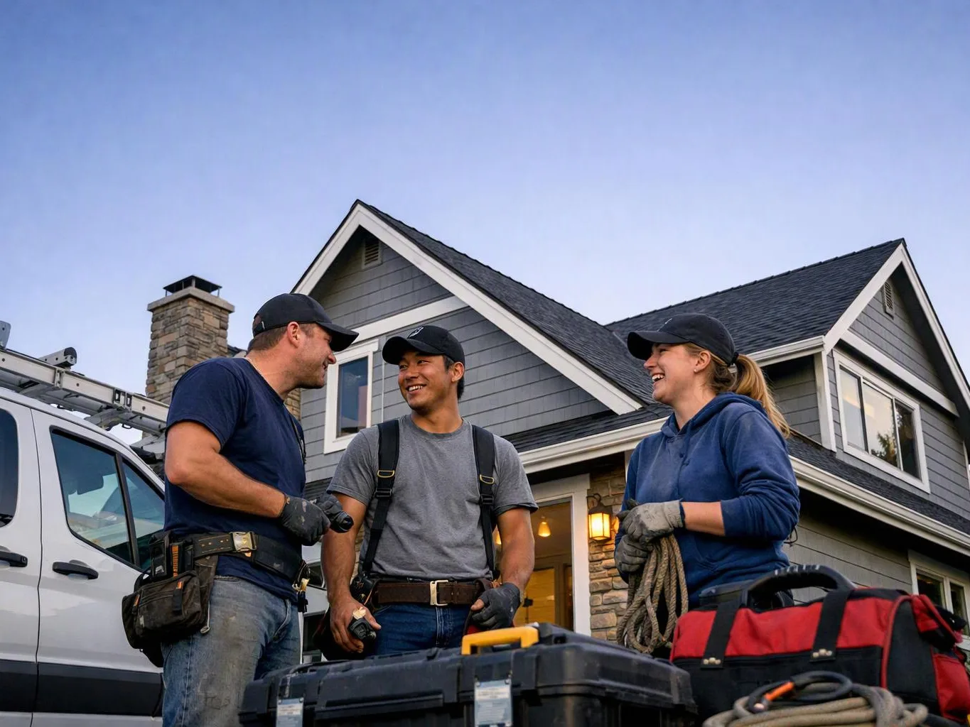 Three workers in caps chat beside a house, holding tools and rope near a work truck and cases