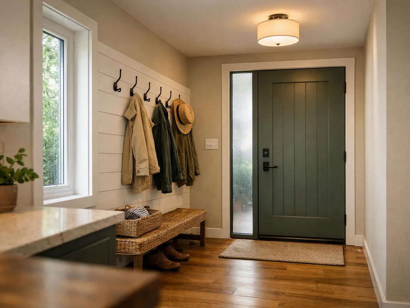 A tidy entryway shows a green front door, hanging coats, a woven bench, and warm wood floors