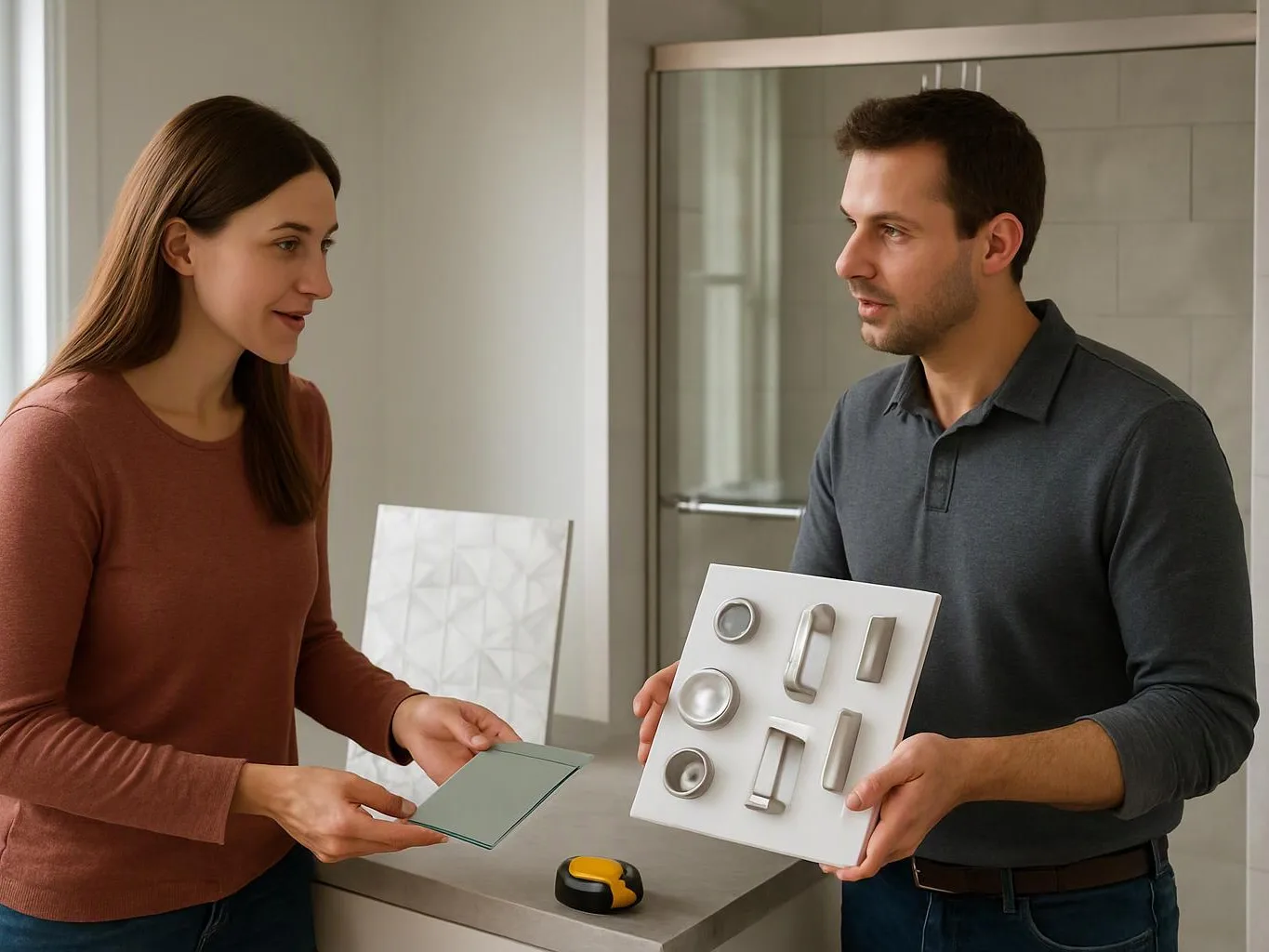 Two adults compare cabinet hardware and tile samples in a bright kitchen showroom