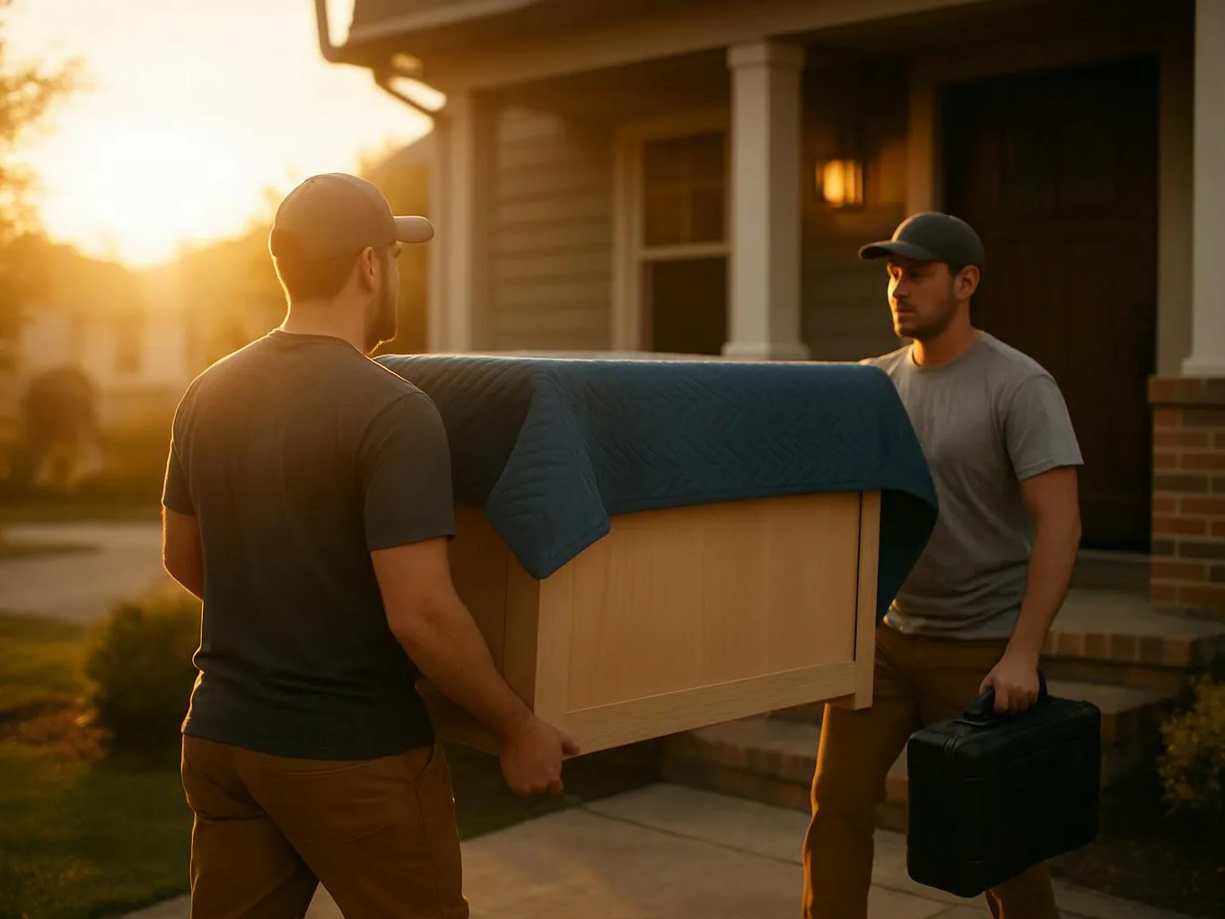 Two men carry a bed frame wrapped in a blue blanket outside a house at sunset