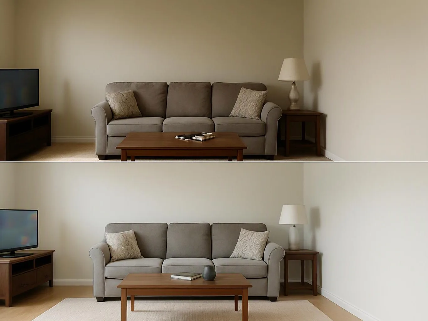 Two nearly identical living rooms show a gray sofa, coffee table, lamp, and TV, with different lighting and rug placement
