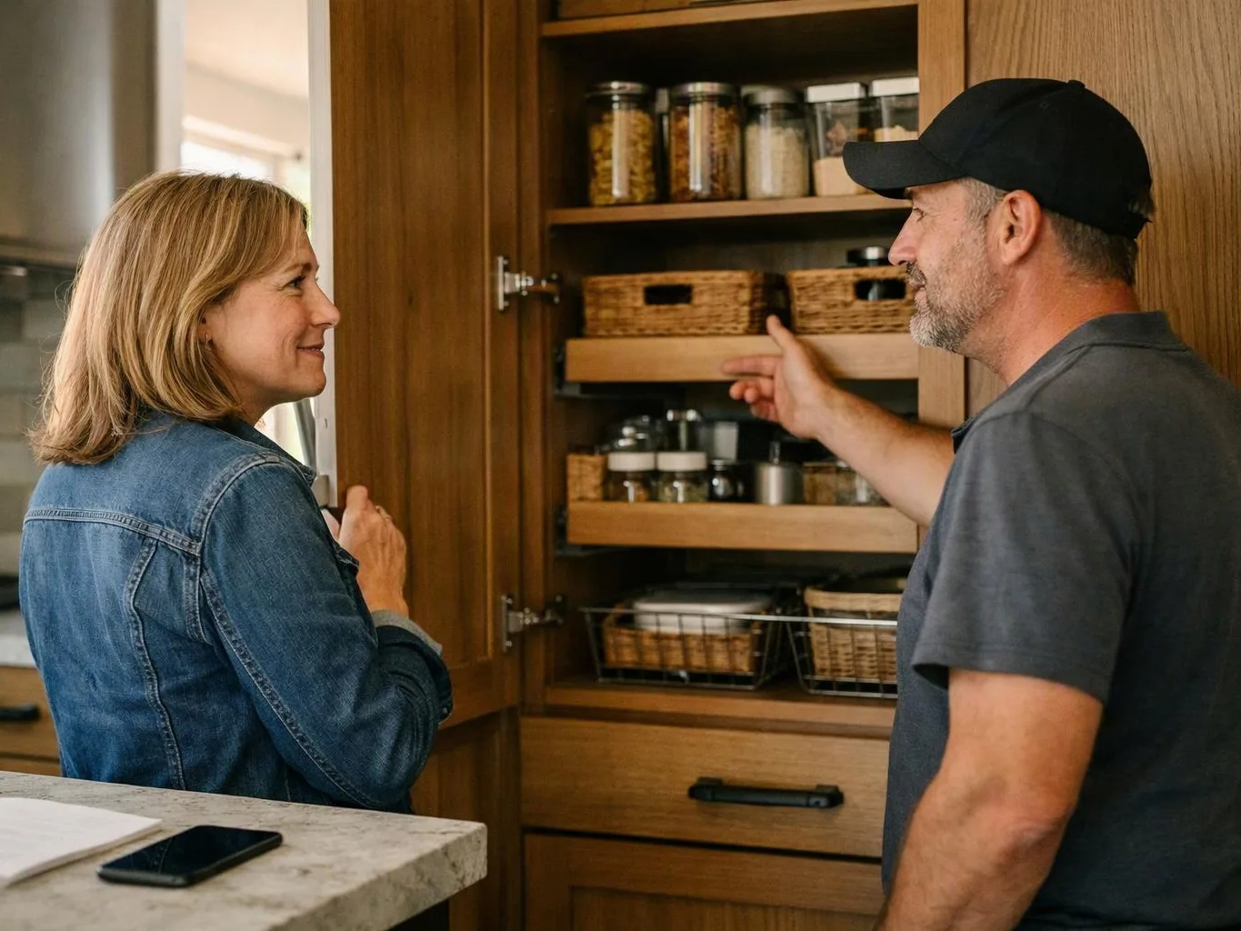 Two people talk in a kitchen while standing by an open pantry filled with jars and baskets
