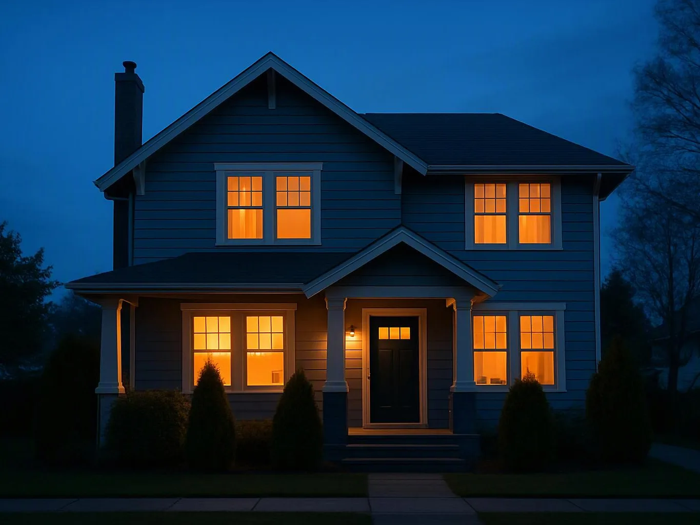 A two-story blue house glows with warm lit windows at dusk, framed by dark shrubs and a front porch