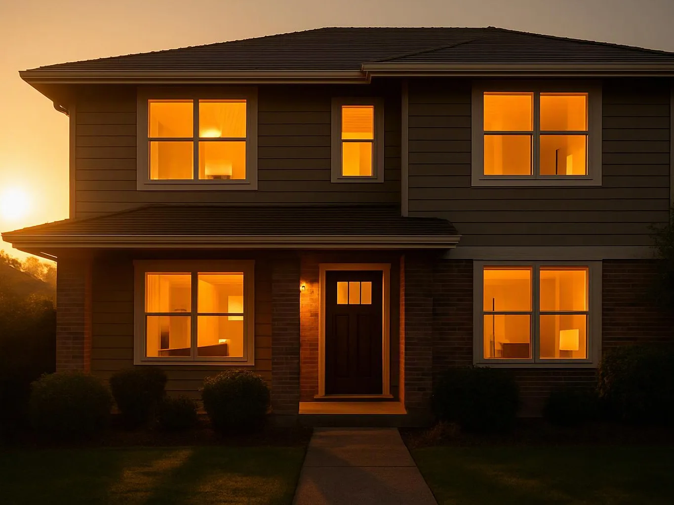 A two-story house glows with warm lights at sunset, with a front walkway and dark roof visible