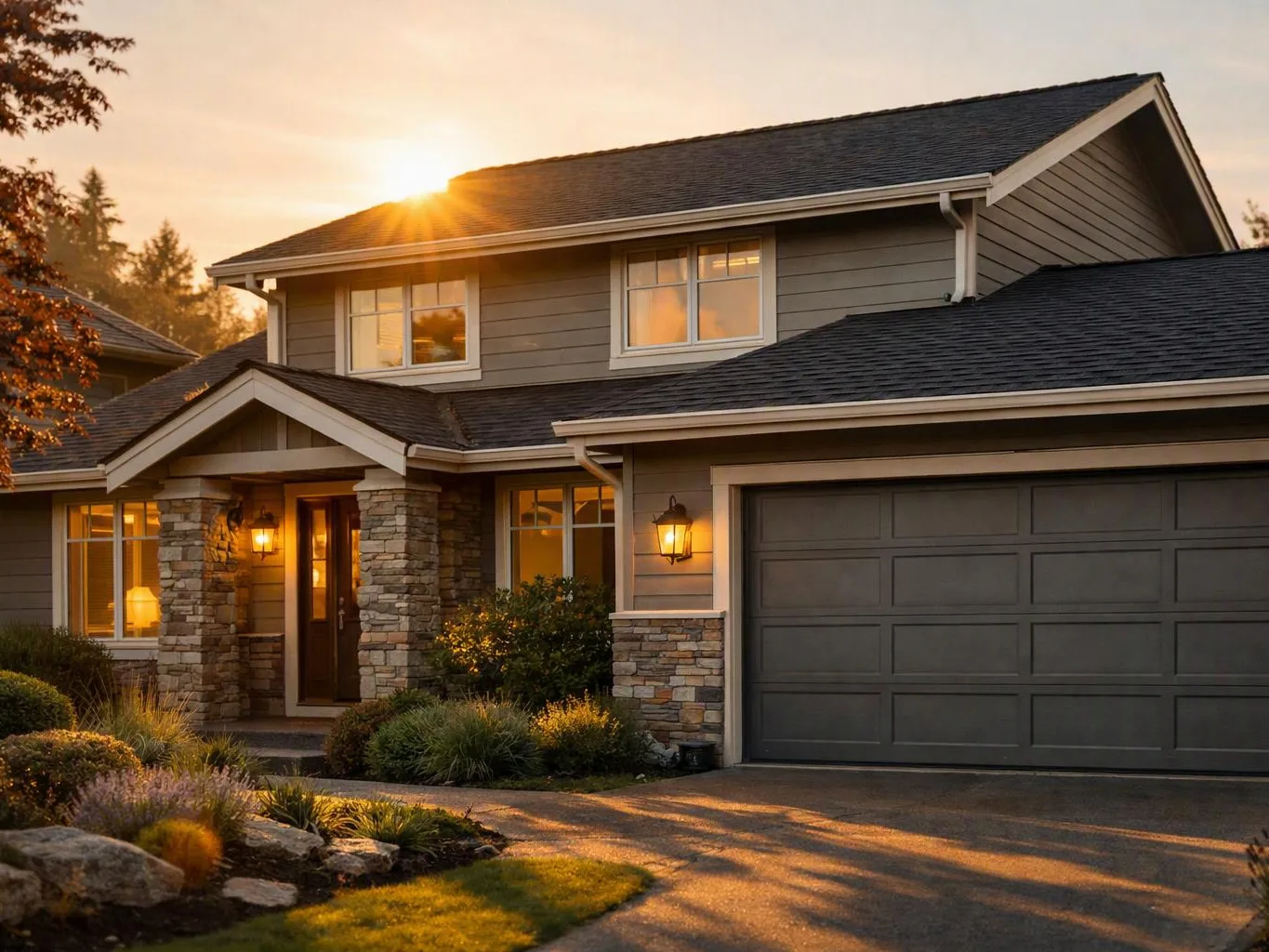 A two-story suburban house with a lit porch and garage sits at sunset behind a landscaped front yard