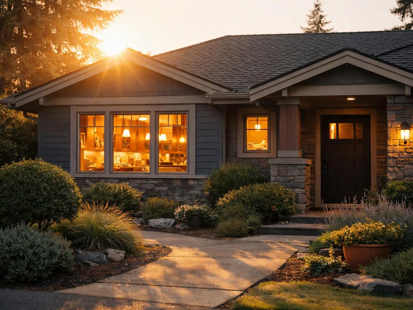 A warm-lit suburban house sits at sunset, with a front path, shrubs, and glowing windows