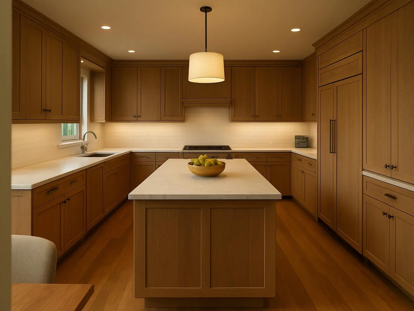 Warm wood cabinets surround a bright kitchen island with a bowl of fruit under a hanging light