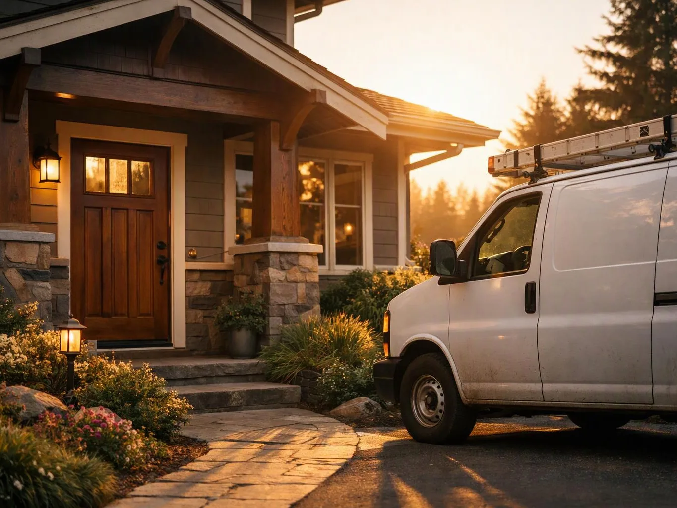 A white work van with a ladder parked beside a house at sunset