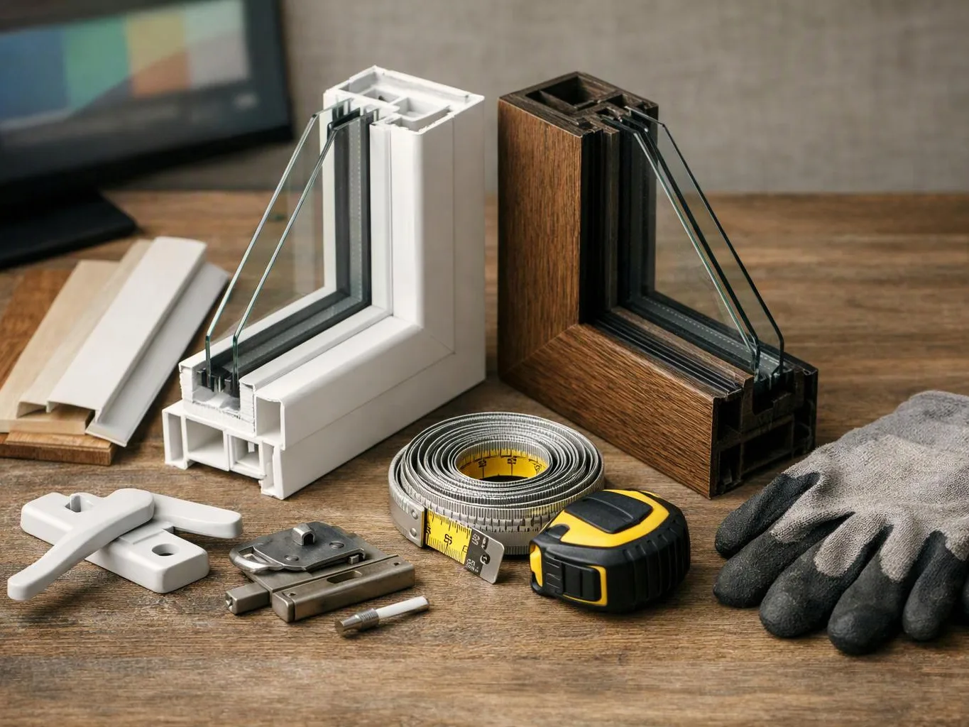 Window frame samples, a tape measure, gloves, and hardware are arranged on a wooden worktable