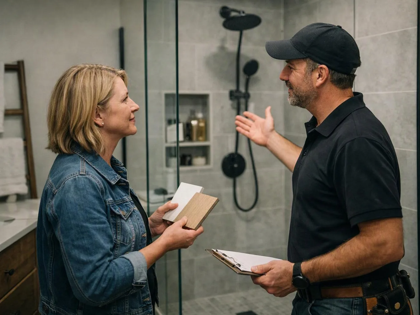 A woman and a man discuss tile samples in a modern bathroom with a glass shower and gray walls