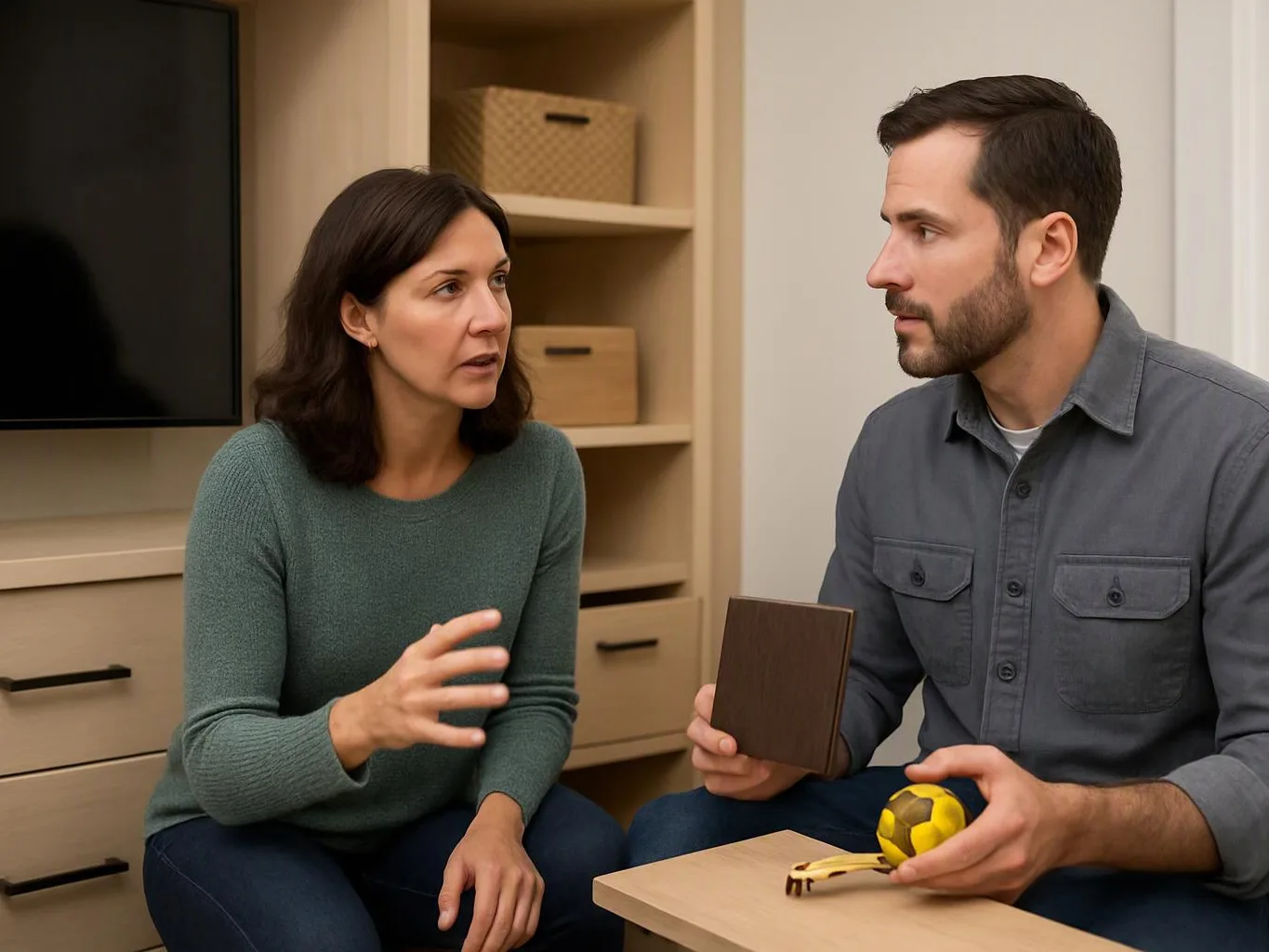 A woman speaks to a man holding a square panel and a yellow toy ball in a tidy room