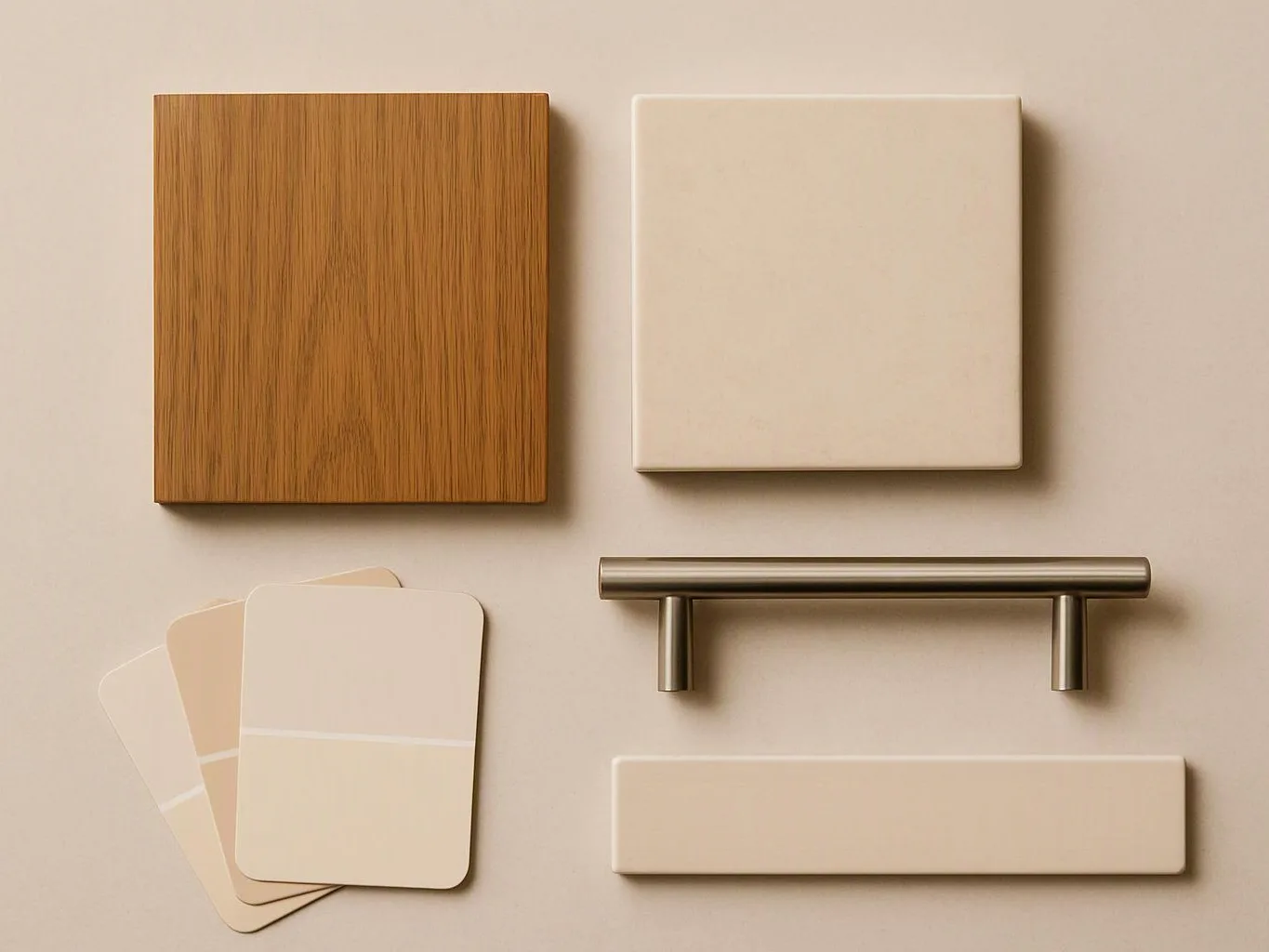 Wood and cream sample tiles, color swatches, and a metal handle are arranged on a beige surface