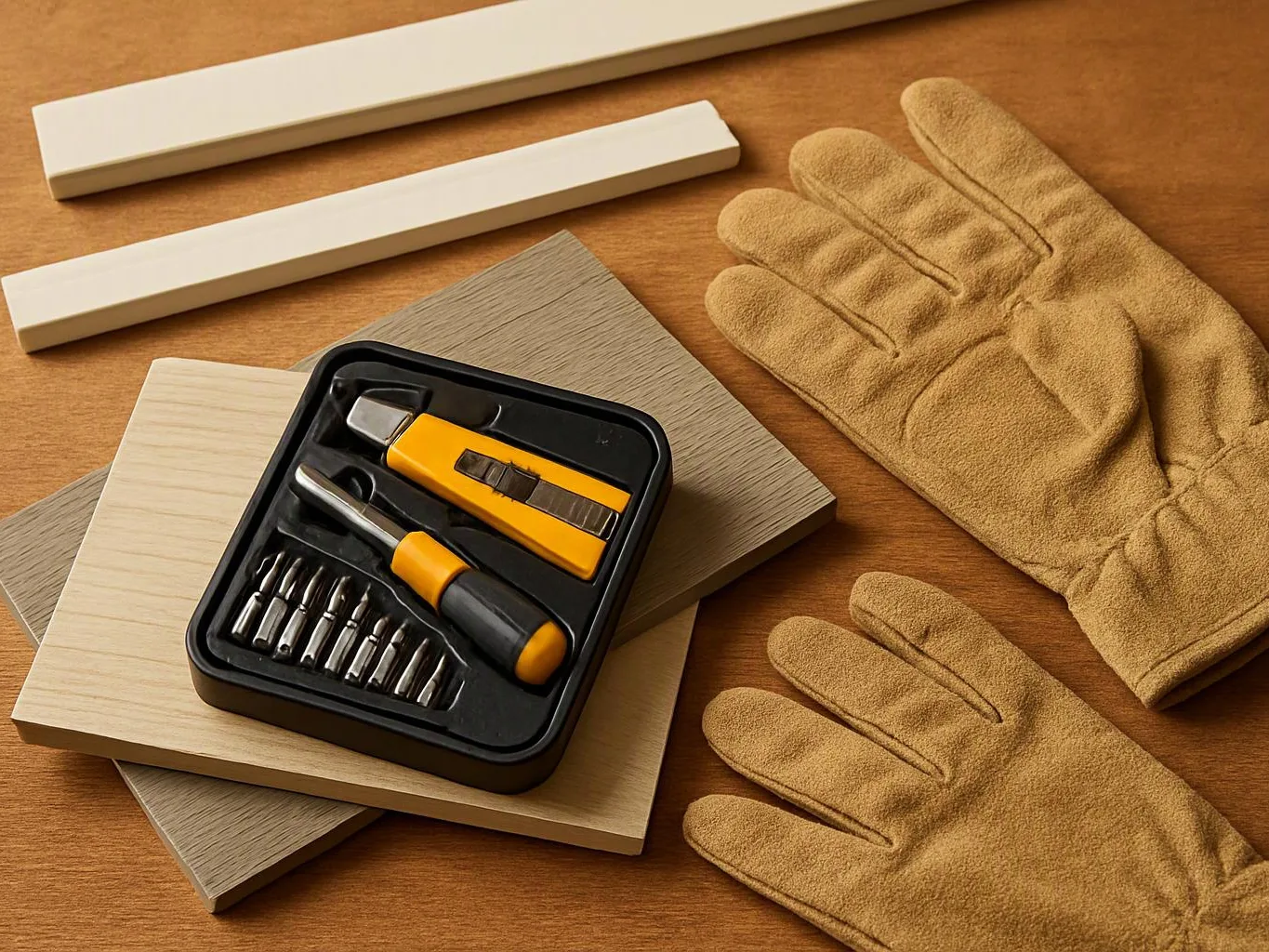 Wood sample boards, gloves, and a small yellow tool kit are arranged on a wooden table