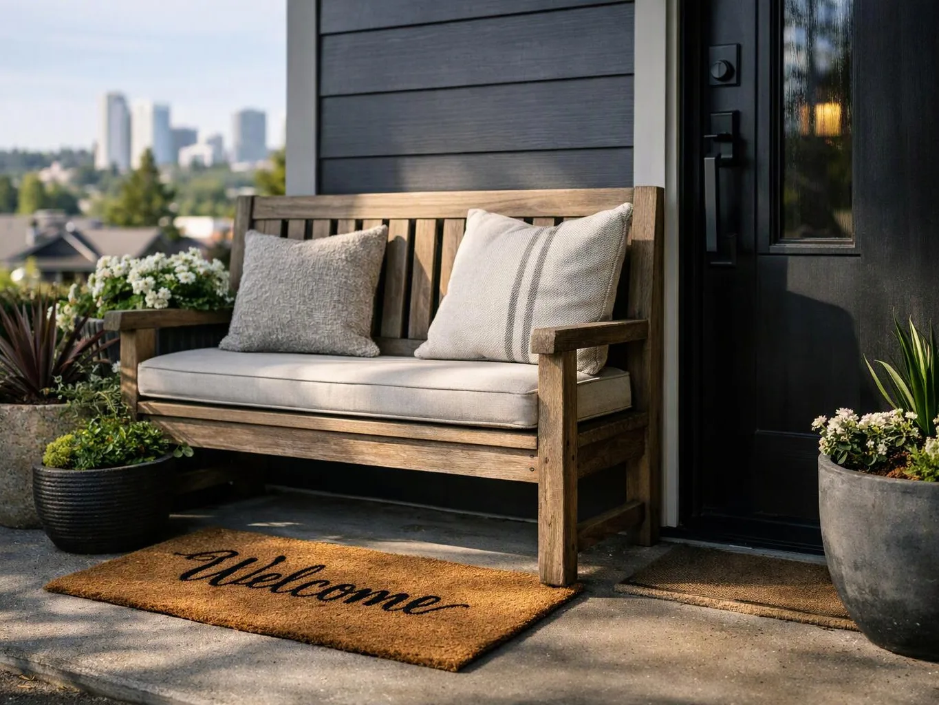 A wooden bench with cushions sits beside a black front door, with potted flowers and a “Welcome” doormat