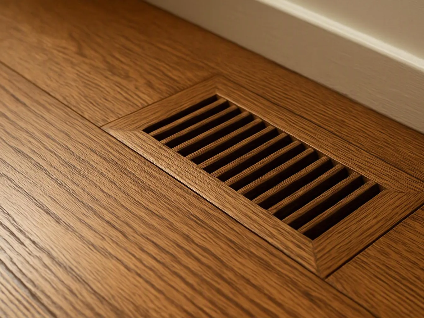 A wooden floor vent sits flush in a hardwood floor beside a white baseboard wall