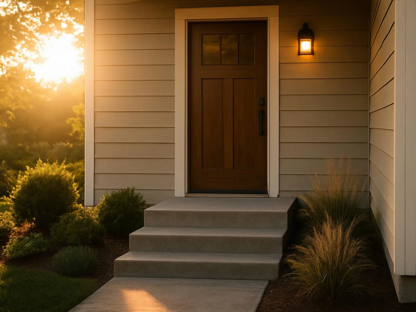 A wooden front door sits above concrete steps, with a glowing porch light and sunlit shrubs outside the house