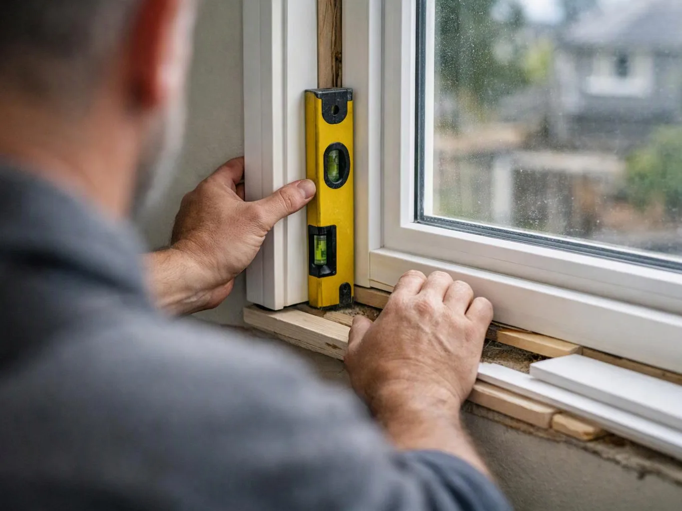A worker adjusts a white window frame with a yellow level on the sill inside a room