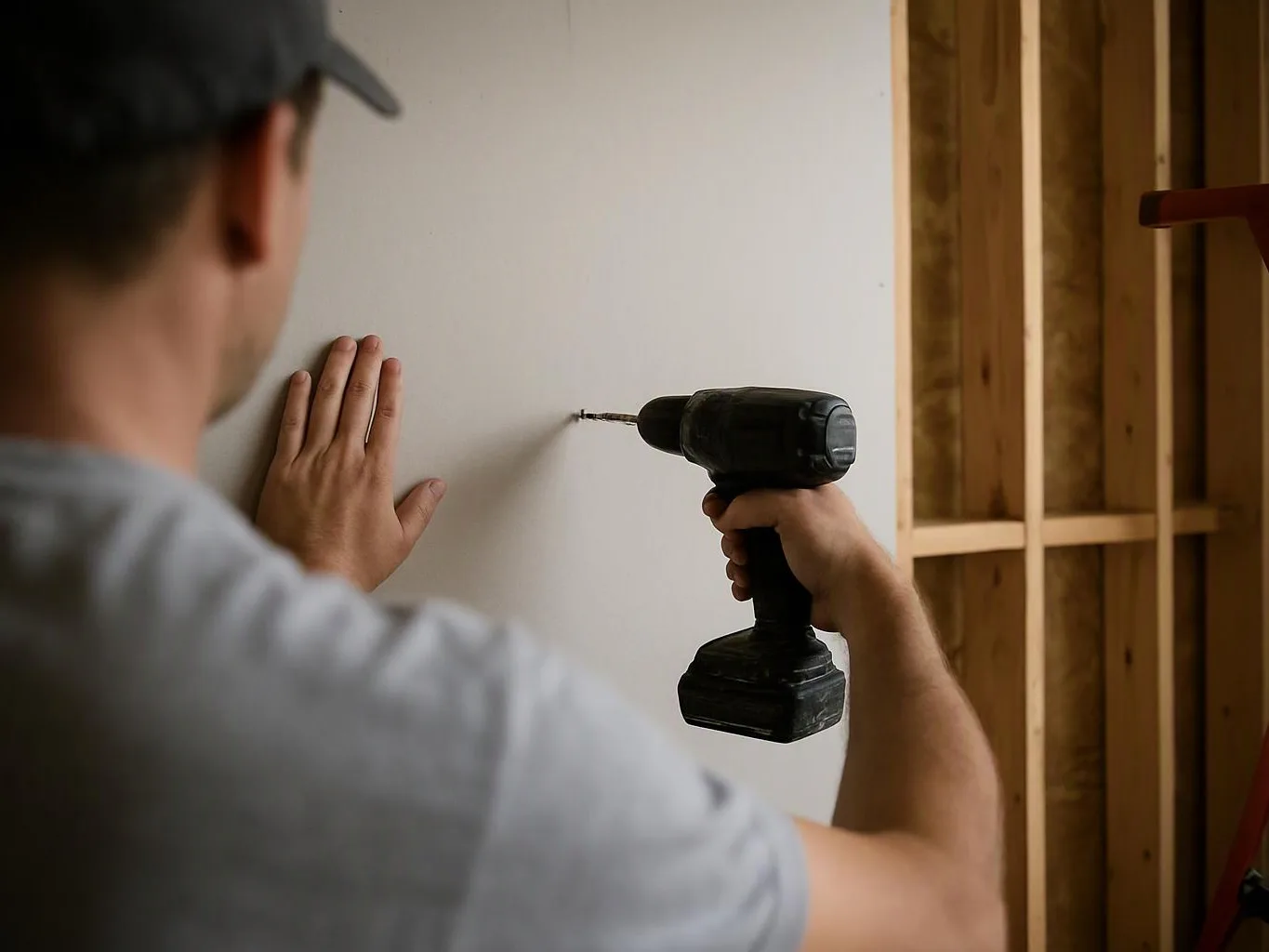 A worker drills into a white wall inside an unfinished room with exposed wooden framing