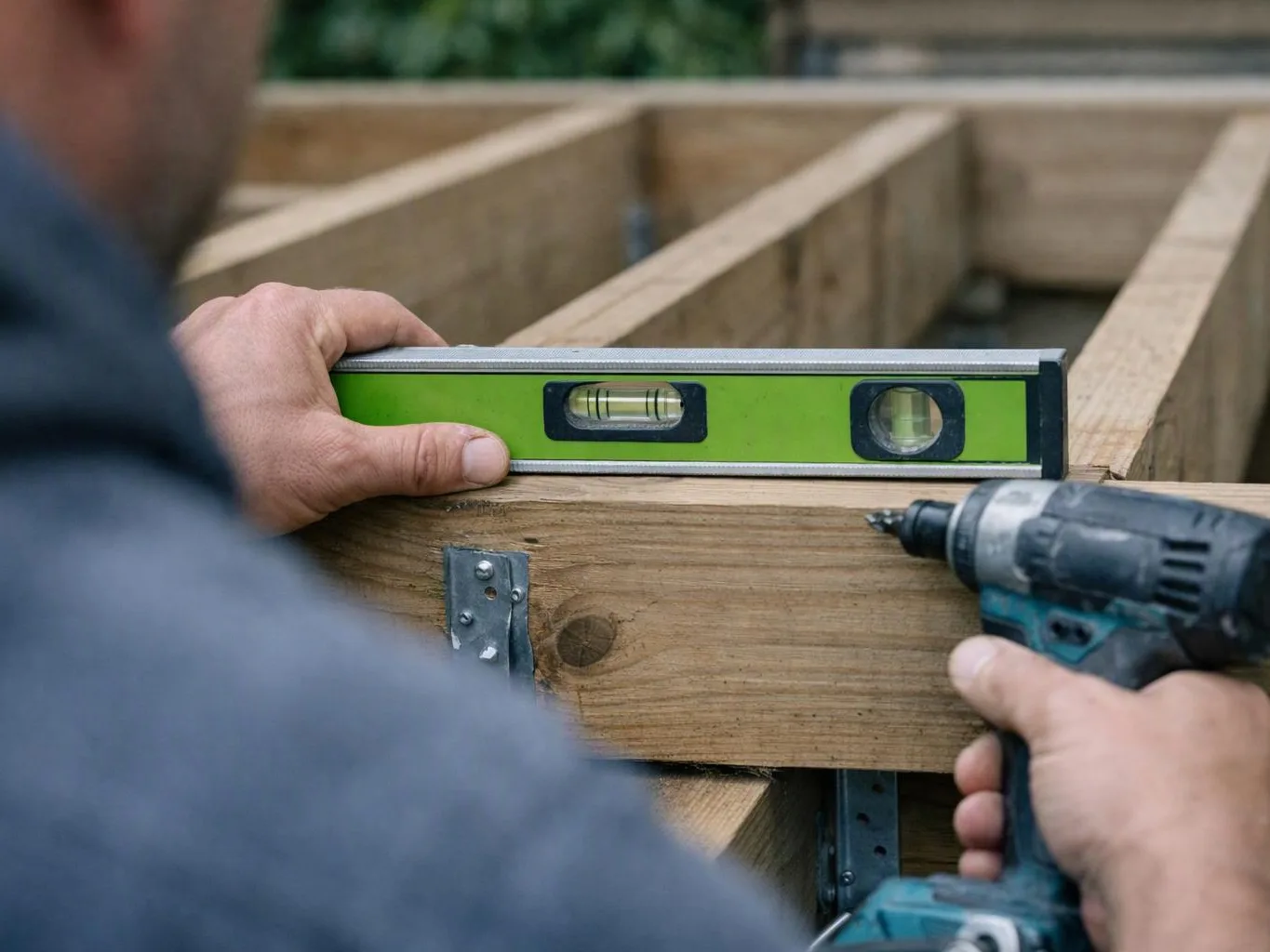 A worker levels a wooden frame with a spirit level while holding a drill in a partially built structure