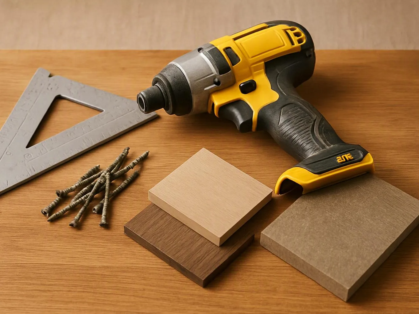 A yellow-and-black cordless drill lies beside a metal square, screws, and three wood samples on a table